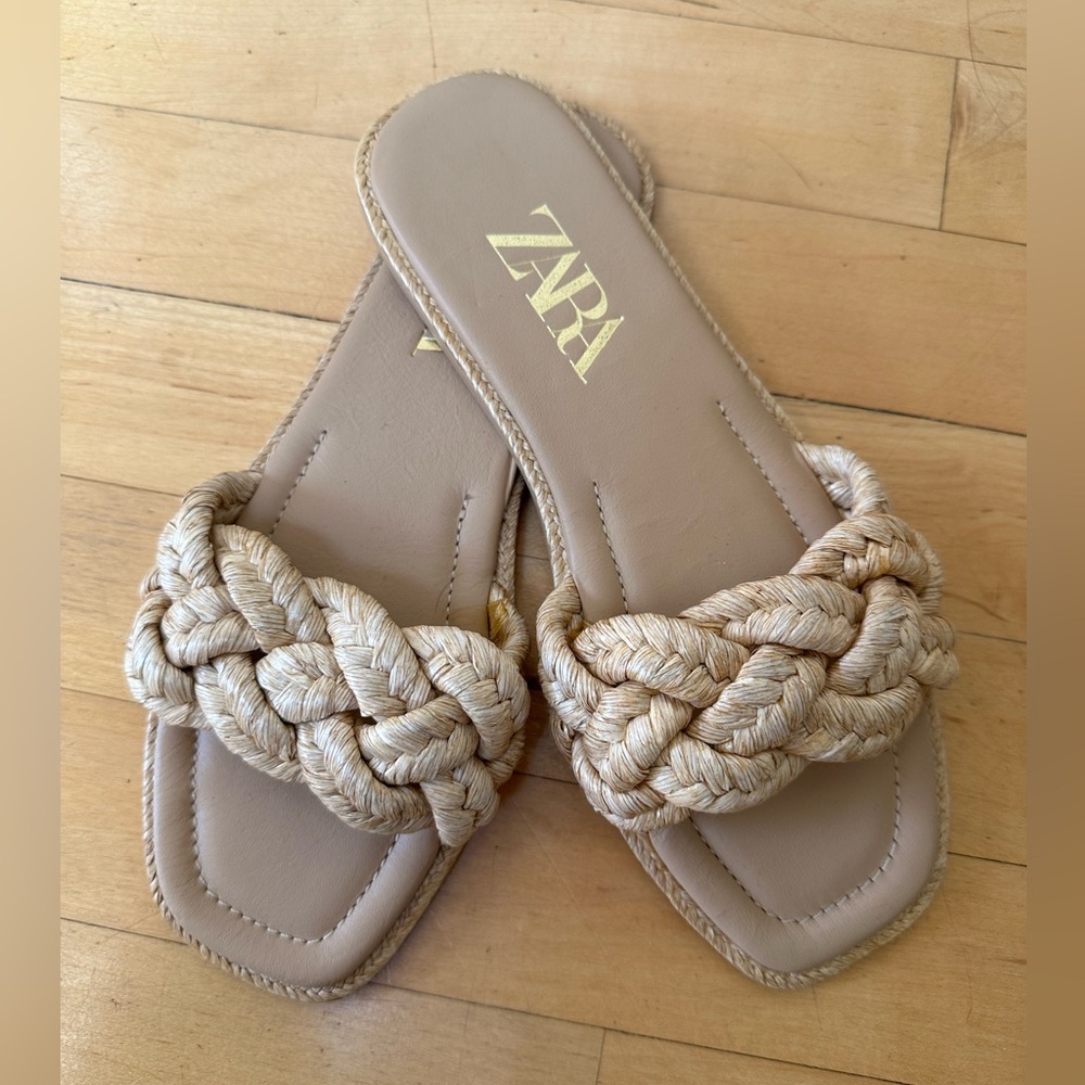 Zara Beige Braided Flat Sandals